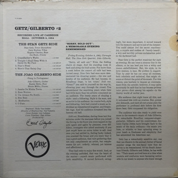 Stan Getz – Joao Gilberto* : Getz / Gilberto #2 (Recorded Live At Carnegie Hall) (LP, Album, Mono, RP, MGM)