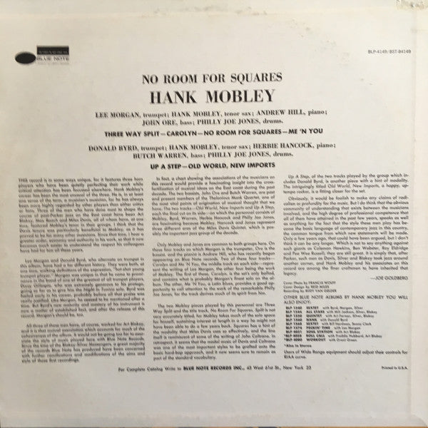 Hank Mobley : No Room For Squares (LP, Album, RE)