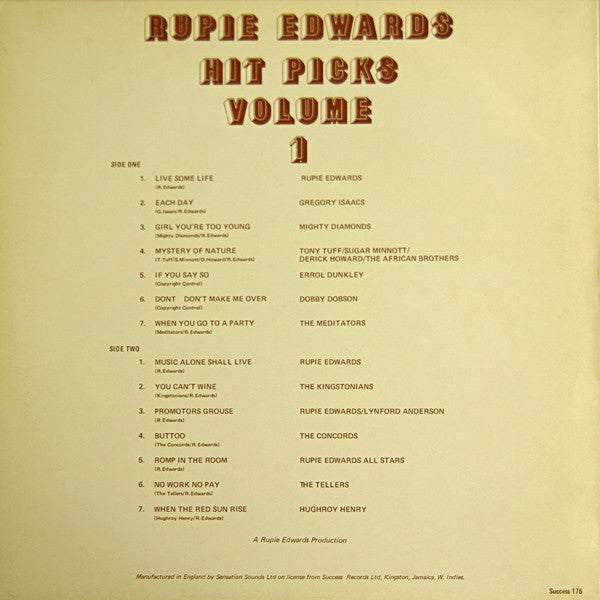 Rupie Edwards : Hit Picks Volume 1 (LP, Comp)