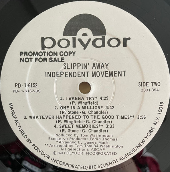 The Independent Movement : Slippin' Away (LP, Album, Promo)
