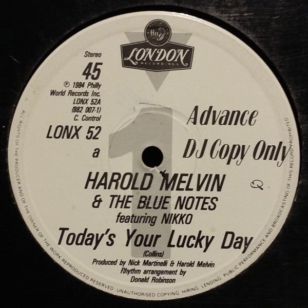 Harold Melvin And The Blue Notes Featuring Nikko (5) : Today's Your Lucky Day (12", Promo)
