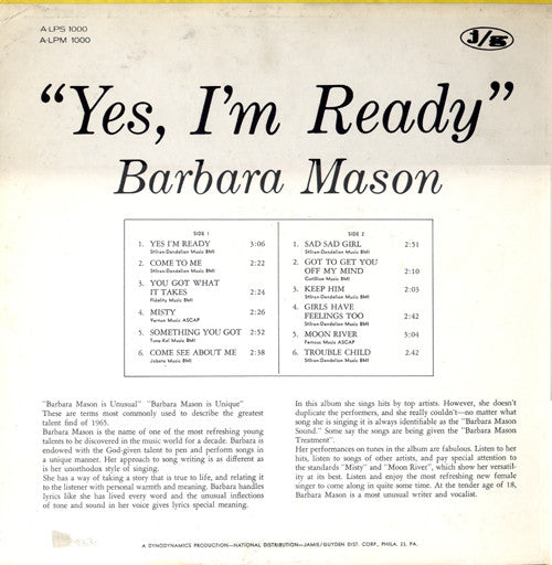 Barbara Mason : Yes, I'm Ready (LP, Album, Mono)