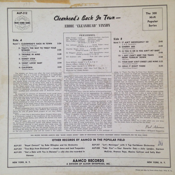 Eddie Vinson* : Clean Head's Back In Town (LP, Album, Mono, Mic)