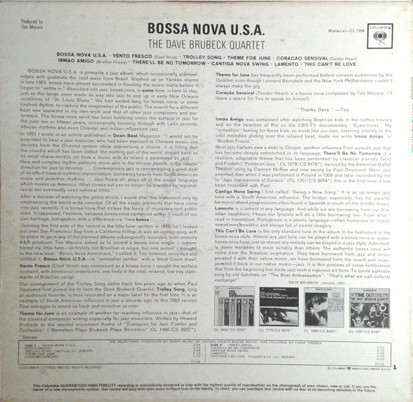 The Dave Brubeck Quartet : Bossa Nova U.S.A. (LP, Album, Mono, Pit)