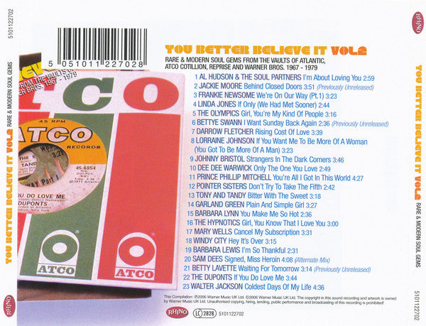 Various : You Better Believe It! Vol.2 (Rare And Modern Soul Gems From The Vaults Of Atco, Atlantic, Cotillion And Warner Bros. 1967 - 1979) (CD, Comp)