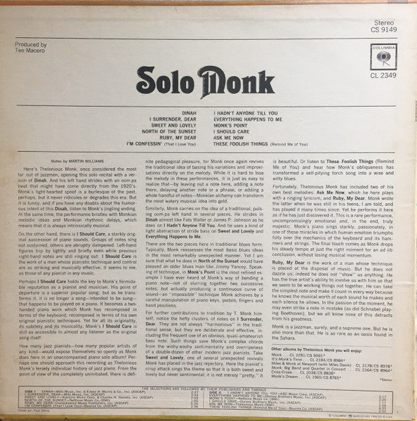 Thelonious Monk : Solo Monk (LP, Album, Pit)