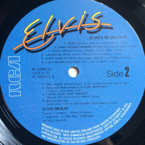 Elvis Presley : Elvis's  40 Greatest (2xLP, Comp, Mono, Gat)