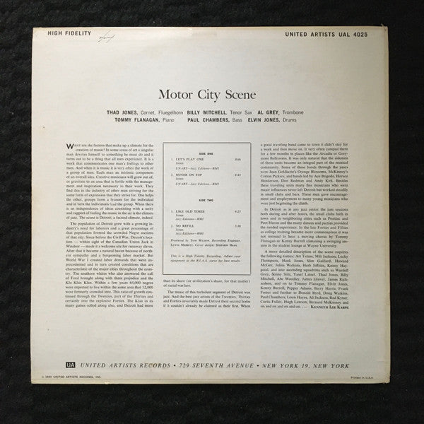 Thad Jones Sextet : Motor City Scene (LP, Album, Mono)