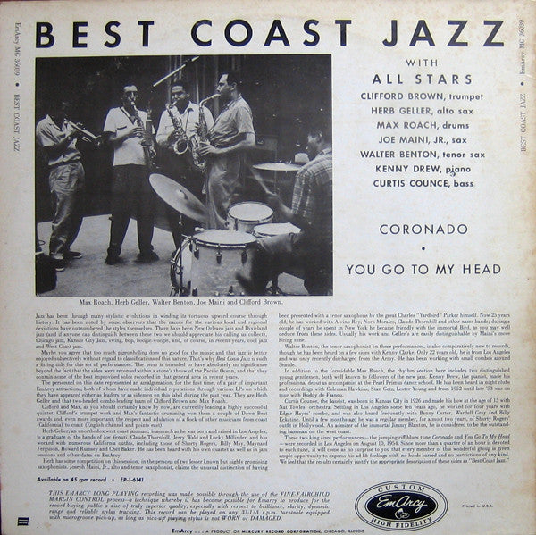 Max Roach, Herb Geller, Walter Benton, Joe Maini, Clifford Brown : Best Coast Jazz (LP, Album)