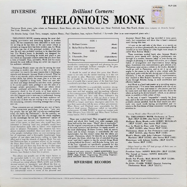 Thelonious Monk With Sonny Rollins, Ernie Henry and Clark Terry : Brilliant Corners (LP, Album, Mono, RE, 180)
