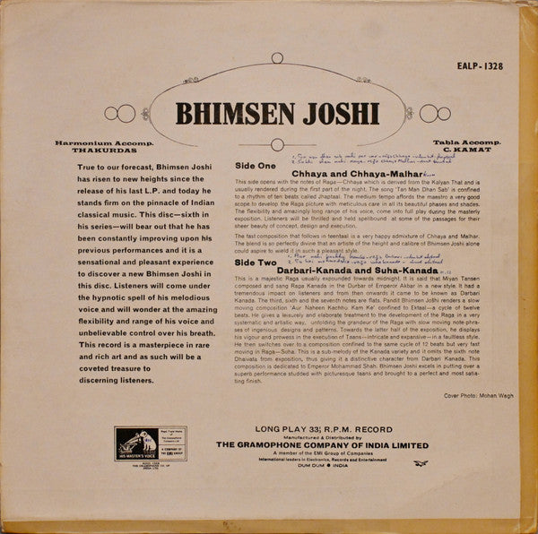 Bhimsen Joshi : Raga • Chhaya And Chhaya-Malhar / Raga • Darbari-Kanada And Suha-Kanada (LP, Mono)