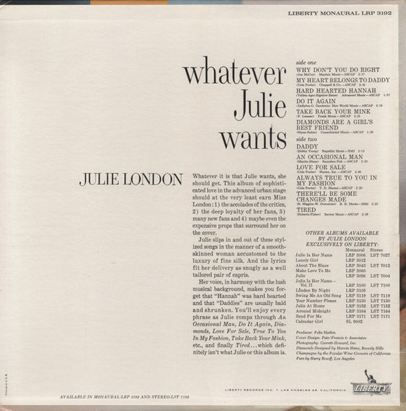 Julie London : Whatever Julie Wants (LP, Album, Mono, Ind)
