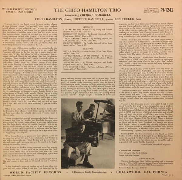 Chico Hamilton Trio* : Introducing The Piano Of Freddy Gambrell (LP, Album, Mono)