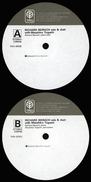 Richard Beirach Solo & Duet With Masahiko Togashi : Kahuna - Keeper Of Secrets (LP, Album, Dir)