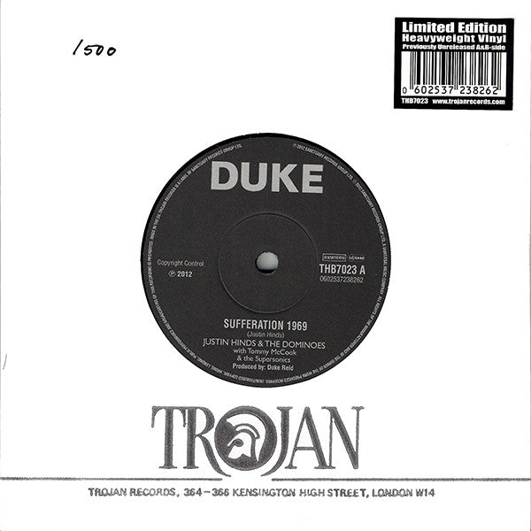 Justin Hinds & The Dominoes With Tommy McCook & The Supersonics : Sufferation 1969 (7", Single, Ltd, Num)