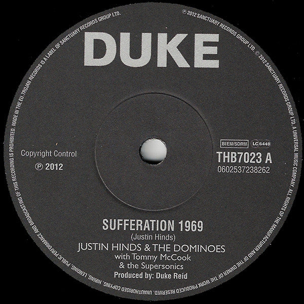 Justin Hinds & The Dominoes With Tommy McCook & The Supersonics : Sufferation 1969 (7", Single, Ltd, Num)
