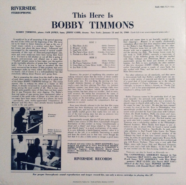 Bobby Timmons : This Here Is Bobby Timmons (LP, Album, RE)