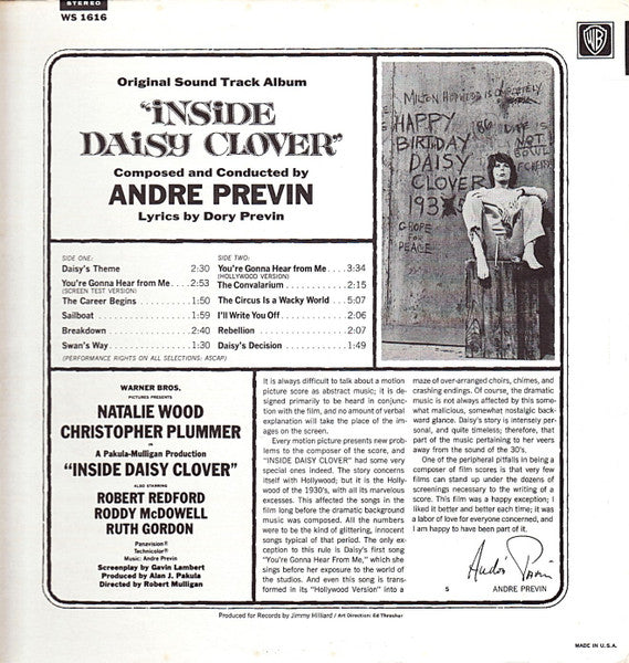 André Previn, Dory Previn : Inside Daisy Clover - Original Motion Picture Soundtrack (LP, Album)