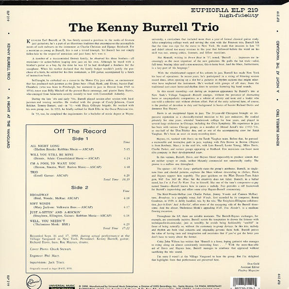 The Kenny Burrell Trio : A Night At The Vanguard (LP, Album, RE)
