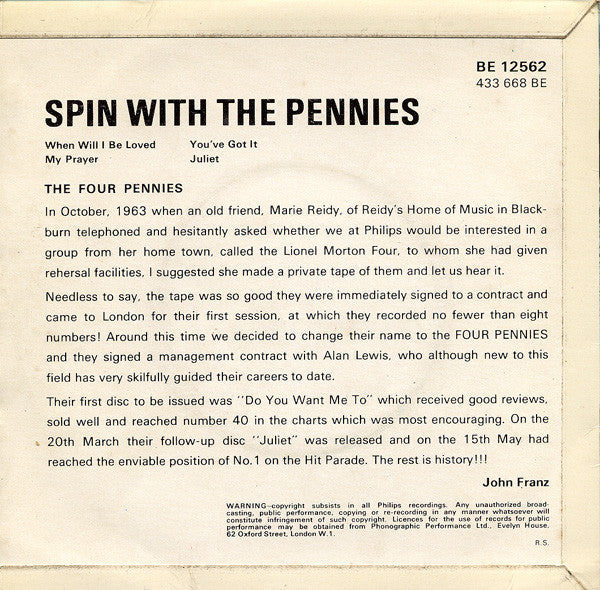 The Four Pennies : Spin With The Pennies (7", EP)