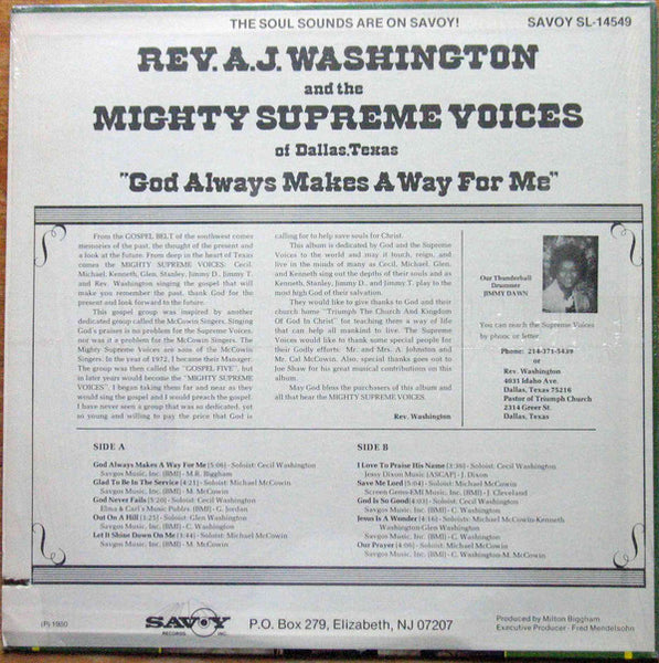 Rev. A.J. Washington and the Mighty Supreme Voices* : God Always Makes A Way For Me (LP, Album)