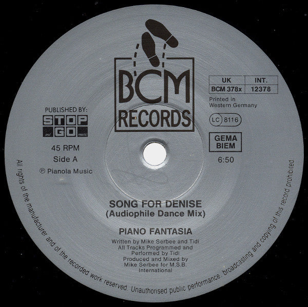 Piano Fantasia : Song For Denise (12", Maxi, RE)