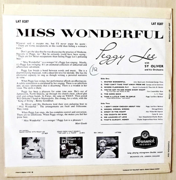 Peggy Lee : Miss Wonderful (LP, Album, Mono)