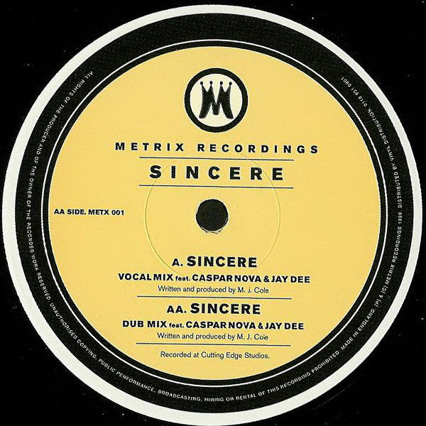 M.J. Cole* Feat. Caspar Nova* & Jay Dee (2) : Sincere (12")