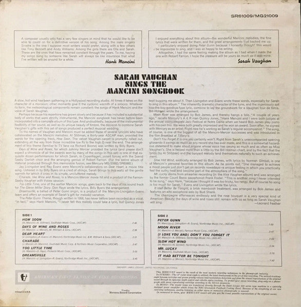 Sarah Vaughan : Sings The Mancini Songbook (LP, Album, Mono)