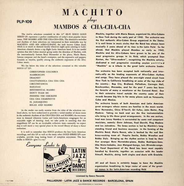 Machito : Plays Mambos And Cha-Cha-Cha (LP, Album, RE)