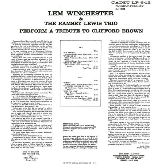 Lem Winchester And The Ramsey Lewis Trio : Perform A Tribute To Clifford Brown (LP, Album, RE)