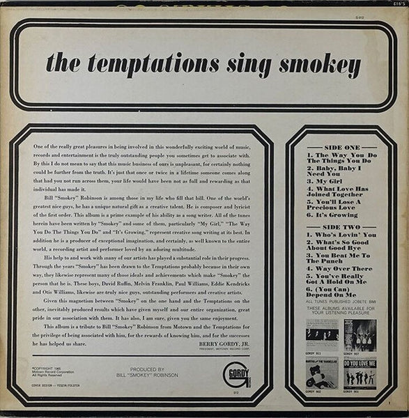 The Temptations : The Temptations Sing Smokey (LP, Album, RE)