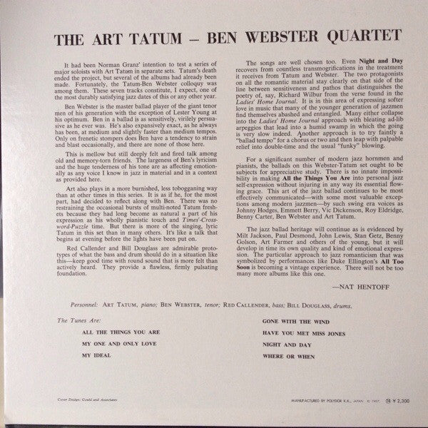The Art Tatum - Ben Webster Quartet : The Art Tatum - Ben Webster Quartet (LP, Album, Mono, RE)