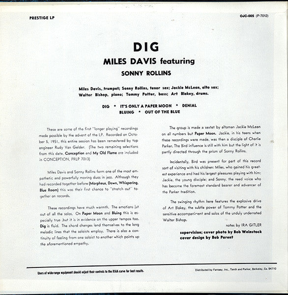 Miles Davis Featuring Sonny Rollins : Dig (LP, Comp, Mono, RE)