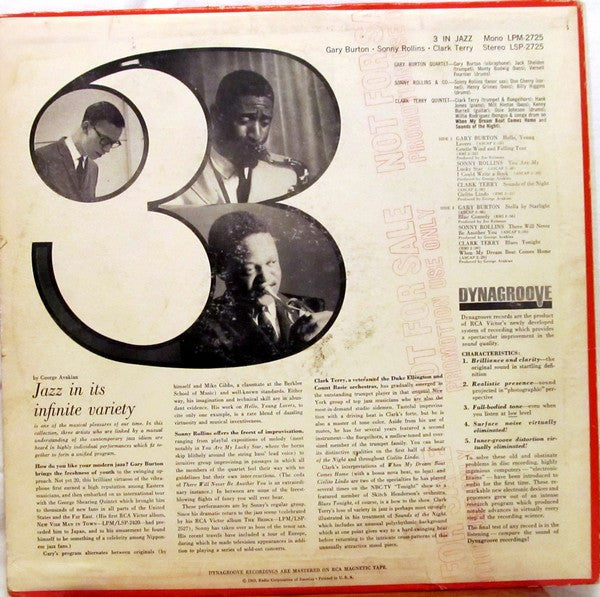 Gary Burton / Sonny Rollins / Clark Terry : 3 In Jazz (LP, Album, Mono, Ind)