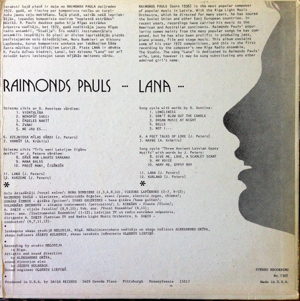 Raimonds Pauls : Lana (LP, Album, RE)