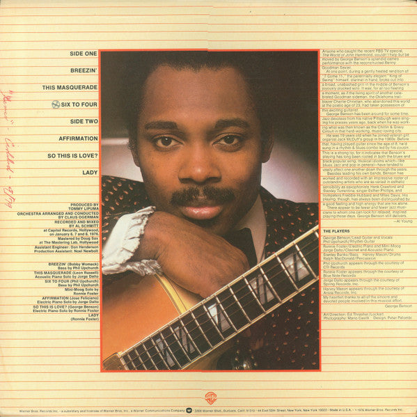 George Benson : Breezin' (LP, Album, RE, Pin)