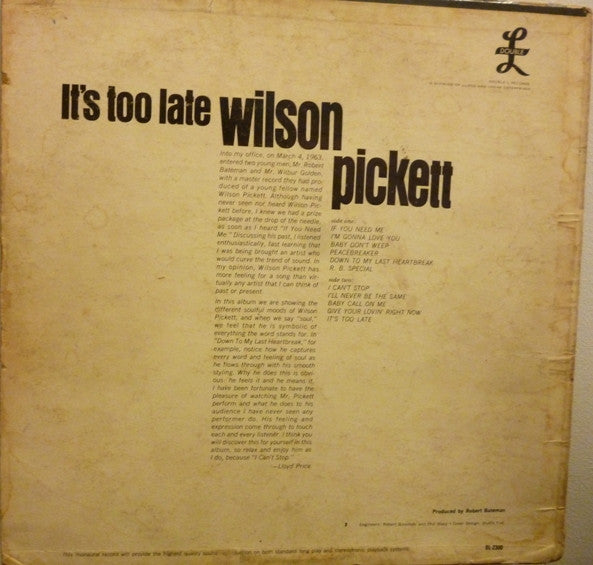 Wilson Pickett : It's Too Late (LP, Album, Mono)