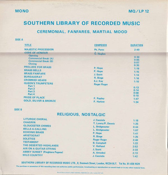 The Westway Studio Orchestra : Ceremonial, Fanfares, Martial Mood / Religious, Nostalgic (LP, Mono)