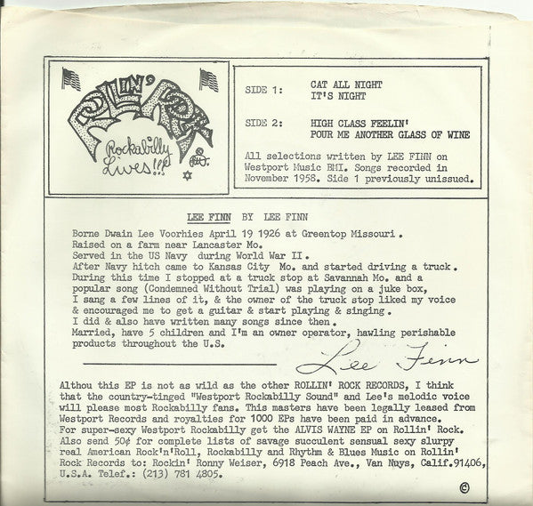 Lee Finn And His Rhythm Men : Cat All Night (7", EP)