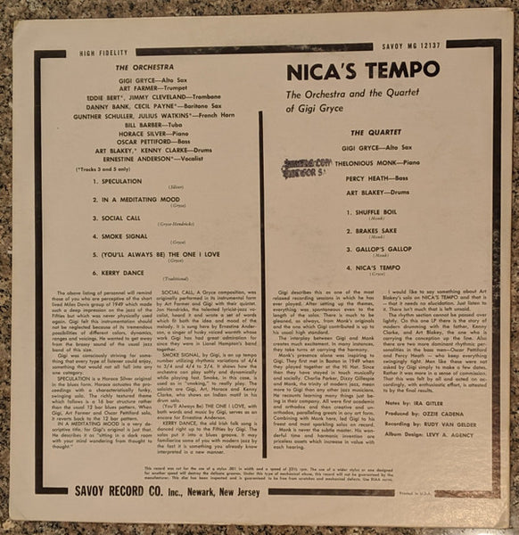 The Orchestra* And The Quartet Of Gigi Gryce* : Nica's Tempo (LP, Album, Mono)