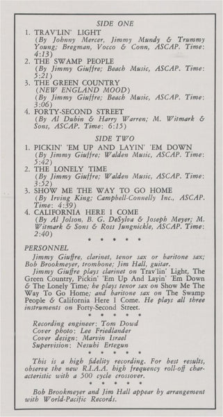 The Jimmy Giuffre 3* : Trav'lin' Light (LP, Album, RE)