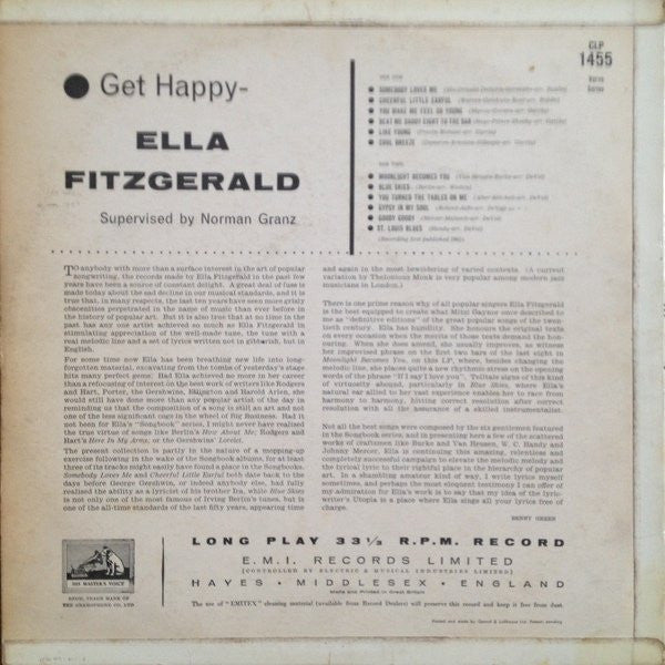 Ella Fitzgerald : Get Happy! (LP, Album, Mono)