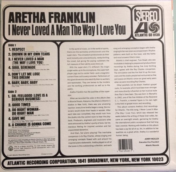 Aretha Franklin : I Never Loved A Man The Way I Love You (LP, Album, RE, SP )
