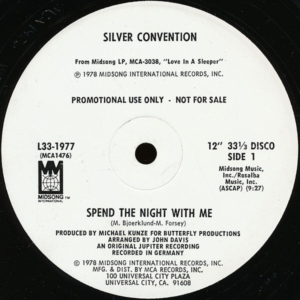 Silver Convention : Spend The Night With Me (12", Promo, Pin)