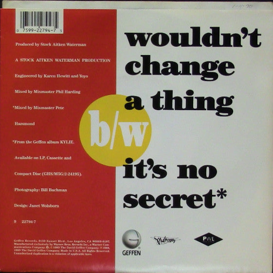 Kylie Minogue : Wouldn't Change A Thing (7", Single)