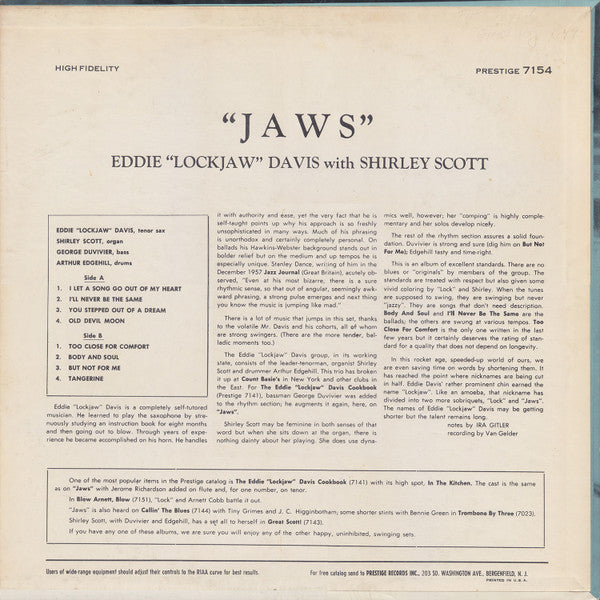 Eddie "Lockjaw" Davis With Shirley Scott : Jaws (LP, Album, Mono)