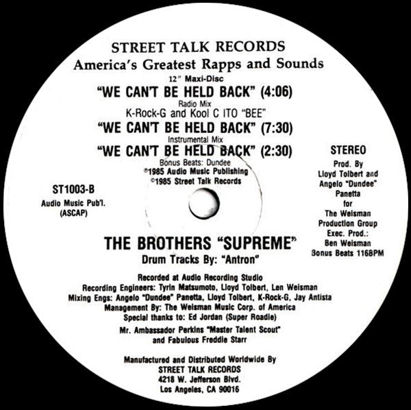 The Brothers Supreme : We Can't Be Held Back (12")