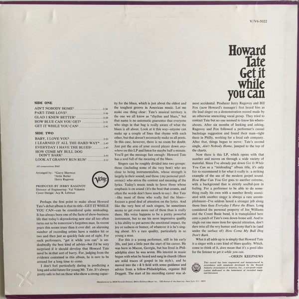 Howard Tate : Get It While You Can (LP, Album, Mono)