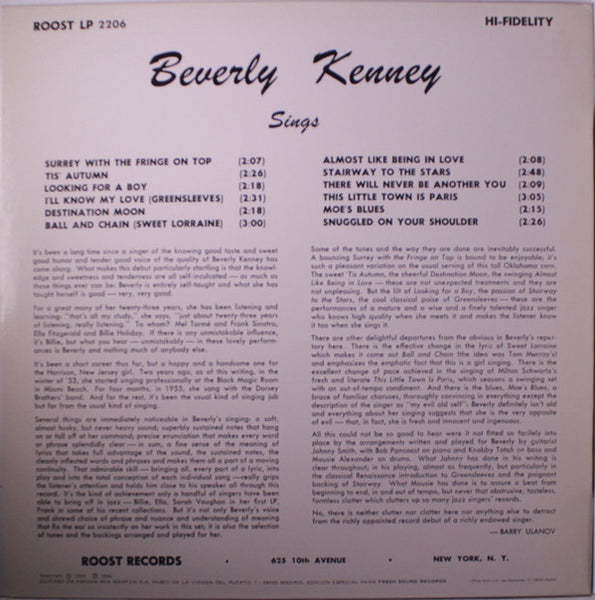 Beverly Kenney, Johnny Smith : Sings For Johnny Smith (LP, Album, RE)